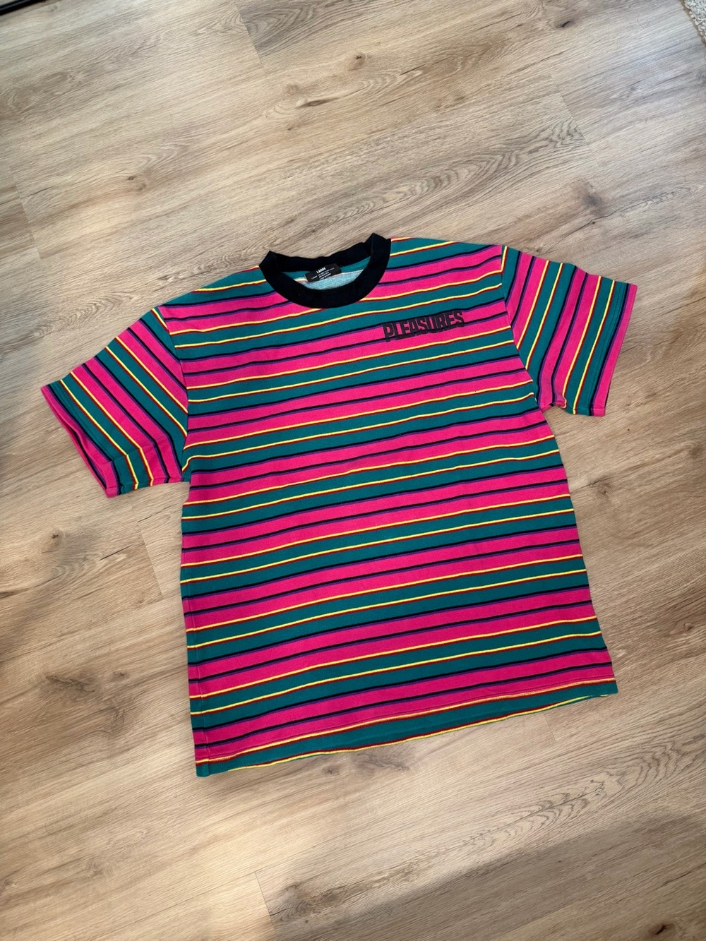 Mens Striped Short Sleeve Tee - Pink & Green by Pleasures